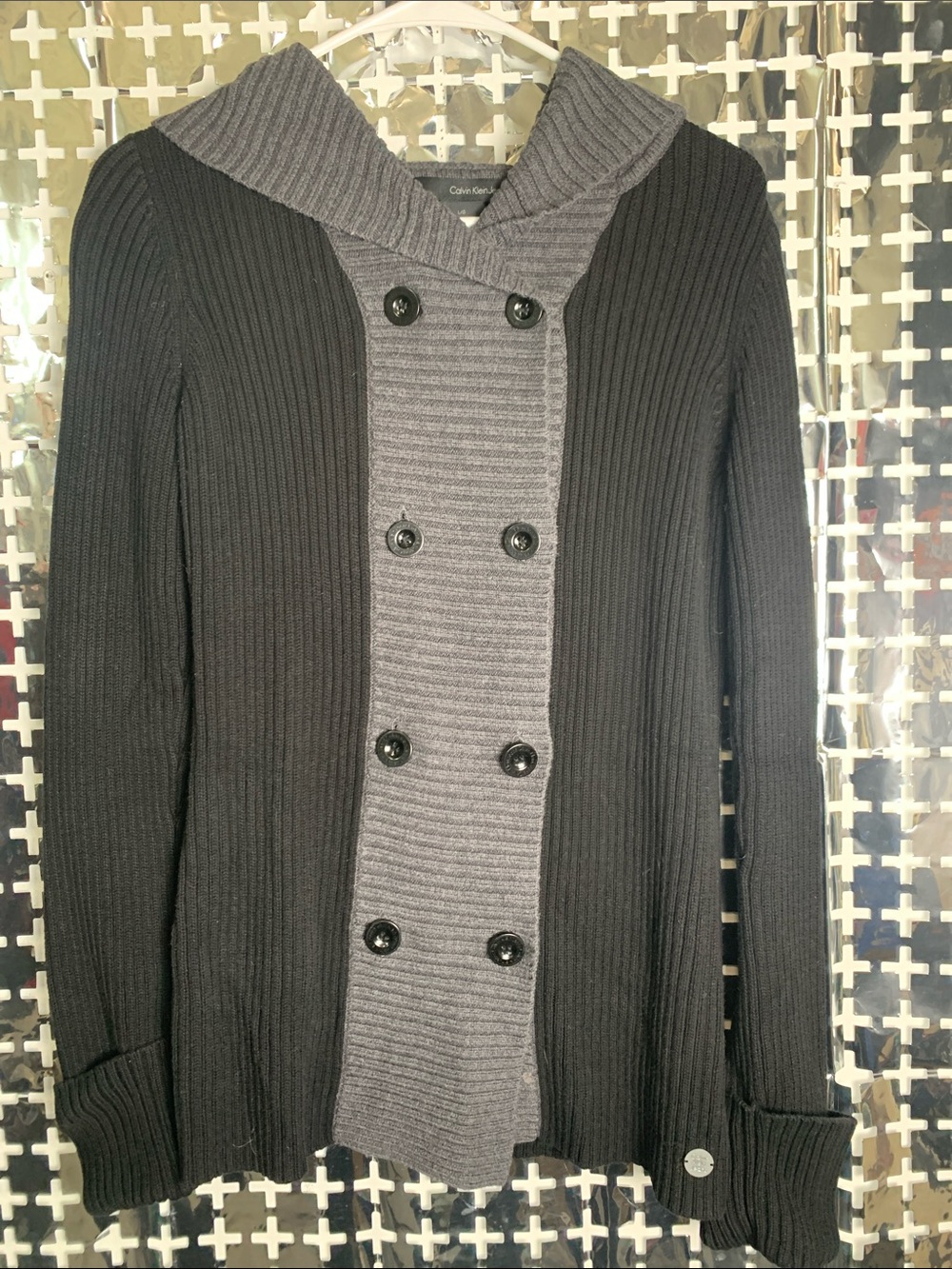 Calvin Klein Black Sweater Cardigan with Gray Double-Breasted Placket and Hood